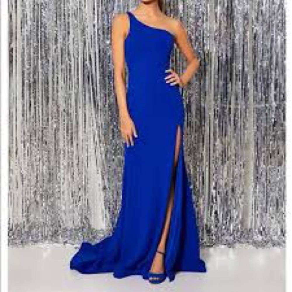 B Darlin Blue One Shoulder Asymmetrical Gown